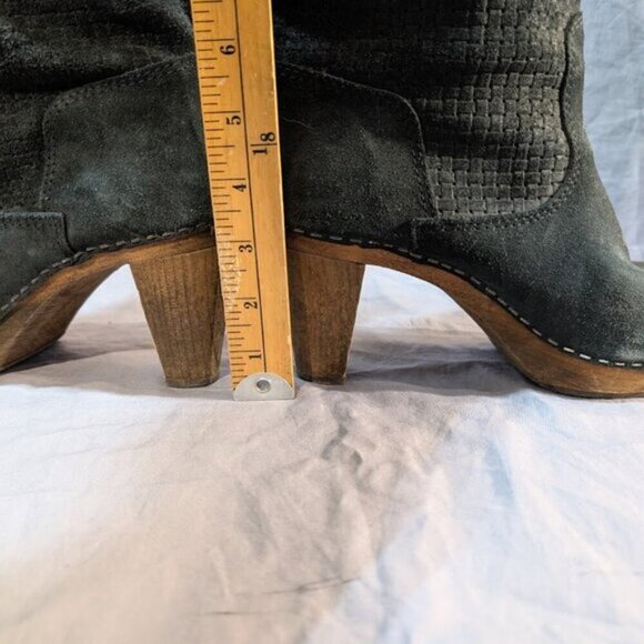 Sanita Black Suede Pattern Mid Calf Wooden Clog Heel Boots Women Size 37 - Picture 6 of 11